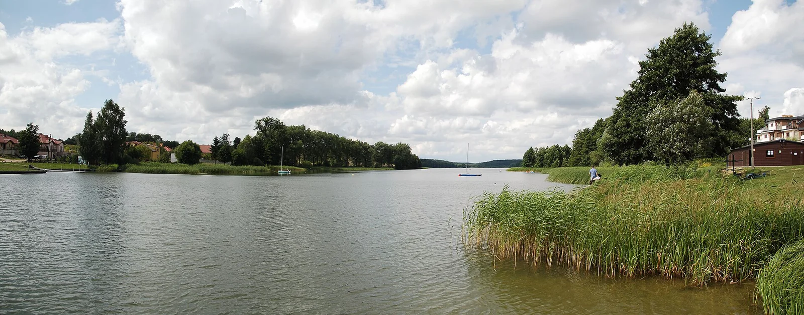 Panorama jeziora Niskie Brodno w Brodnicy z trzcinami przy brzegu i chmurami ponad wodą
