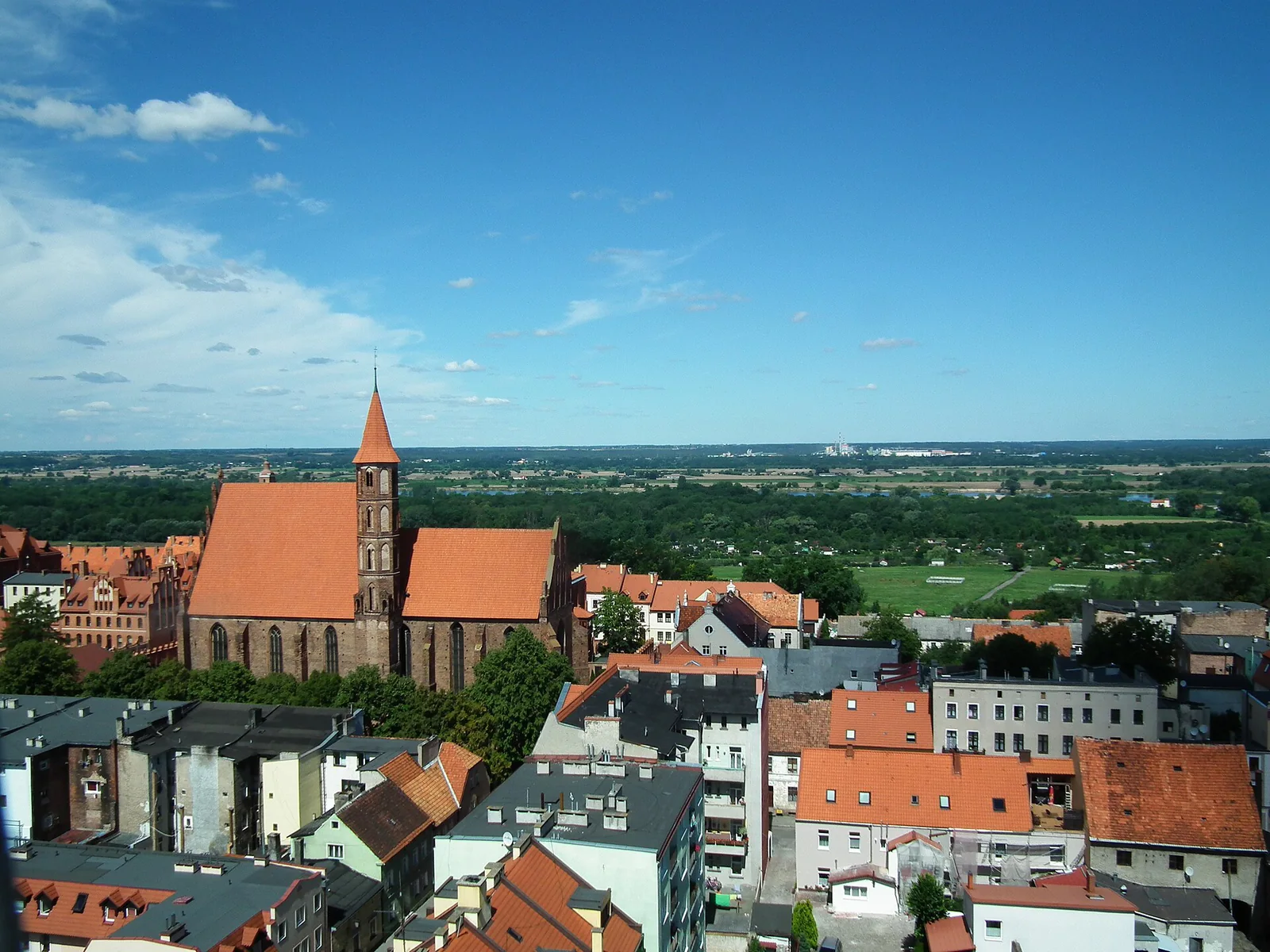 Czerwone dachy Chełmna i wysoka wieża ceglanego kościoła na tle zielonej doliny, widok z wieży farnej