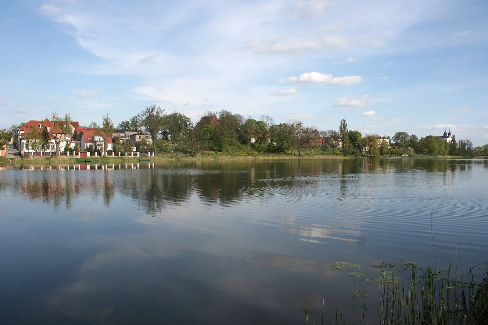 Panorama Mogilna znad zachodniego brzegu Jeziora Mogileńskiego, zabudowa i drzewa odbite w spokojnej wodzie